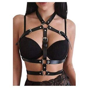 BLACK Leather Waist Shoulder Harness Bra Belt Waistband Slave Fetish Bondage NWT
